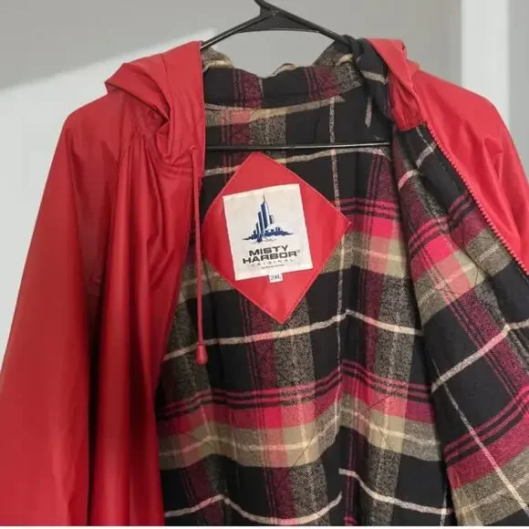 Misty Harbor Original Hooded Rain Jacket with Plaid Lining – Red (Unisex 2XL)
